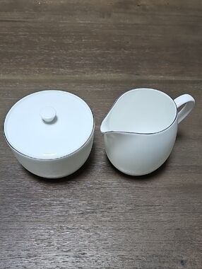 Crate & Barrel Sugar Bowl & Creamer Set with Silver Rim